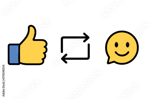 Thumbs up with repost and comment icons, social media interaction symbols, empathetic emoji reactions set, vector illustration on white background, digital communication, user engagement design