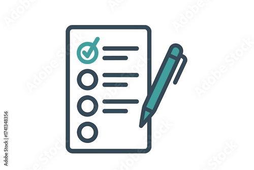 Survey checklist flat style icon, paper sheet with pen, marked questionnaire, exam results, quiz form, assessment interview, passed evaluation, isolated, successful completion concept illustration