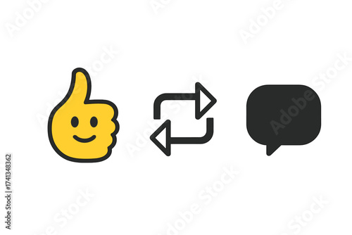 Thumbs up emoji face, repost and comment icons set. Social media vector symbols. Like, share, feedback, speech bubble, reaction, communication, chat concept. Isolated on white background.