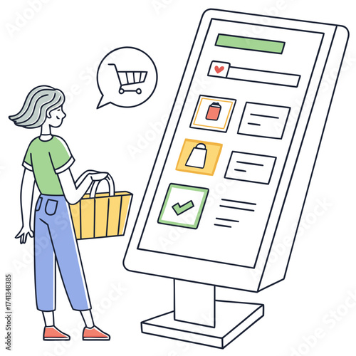 A woman with a shopping basket interacts with a digital kiosk displaying product options and a shopping cart icon in a speech bubble illustrating online shopping or self service checkout
