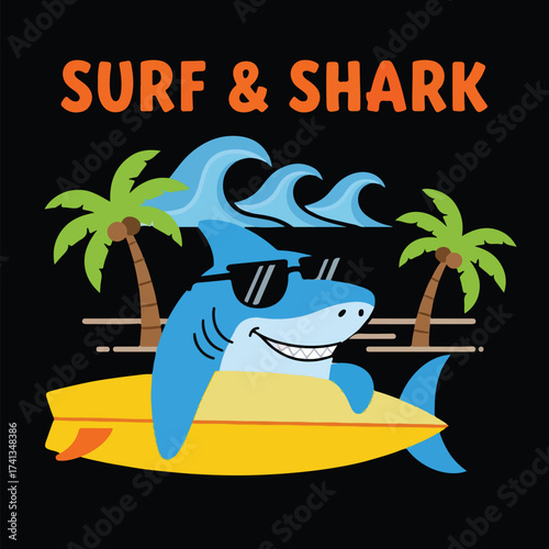Cartoon shark with sunglasses surfing on a yellow board near palm trees art bundle design