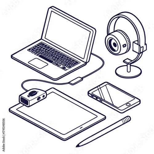 Isometric line art illustration of a collection of modern electronic devices including a laptop tablet smartphone headphones and stylus pen on a white background