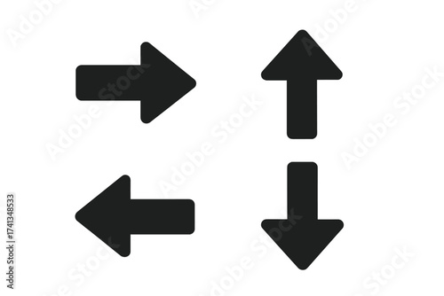Black vector arrow icons set, bold forward right, left, up, down direction symbols, minimal flat style design, navigation pointer, infographic element, isolated on white, digital graphic resource