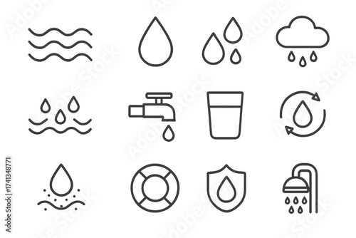 Water line icons set for web, apps, books, and cards. Outline style. Editable stroke vector, transparent background. Water drop, faucet, shower, glass, recycling, cloud, lifebuoy, protection concept.