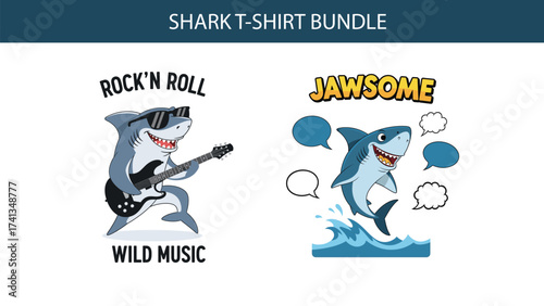 Cartoon sharks with guitar and speech bubbles on white background artwork bundle design