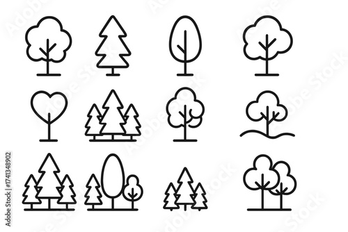 Minimalist tree forest nature woodland icons set. Line art editable stroke for web, app, card, book design. Cartoon symbol pine, oak, heart trees. Landscape, park, abstract forest, digital resources.