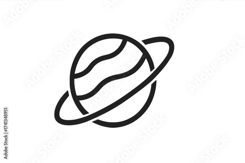 Minimalistic planet icon vector illustration with bold line art style, abstract wavy stripes, ringed planet outline, cosmic symbol, space theme, astronomy, futuristic, science design, isolated concept