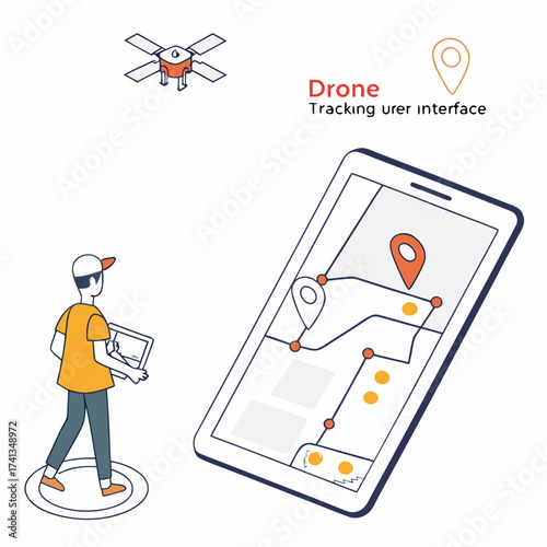 Man operating a drone using a tablet device with a map interface displaying drone location and tracking points on a large screen