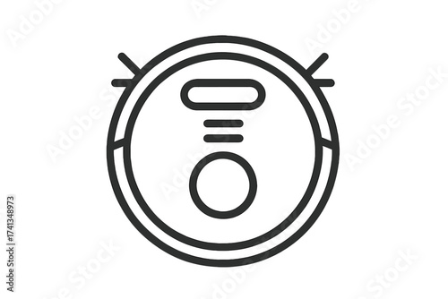 Modern robot vacuum cleaner linear icon. Minimalist smart cleaning device illustration. Robotic floor sweeper outline. Autonomous home cleaning technology concept. Household appliance vector