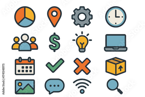 Flat Design Vector Icons Set for Smartphone Applications, Business, Technology, Communications, Productivity, Location, Money, Workflow, Calendar, Social, WiFi, Creative Concept