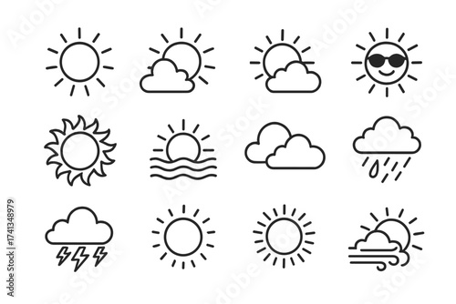 Sun weather icon set. Line art collection of sun, clouds, rain, storm, wind, sunrise, sunset, smiling sun, summer, climate, forecast. Editable stroke vector design for web, app, cards, books