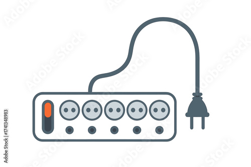 Extension cord power strip. Multiple electrical sockets and plug. Electricity supply. Energy connection concept. Household equipment. Surge protector. Flat vector illustration icon.