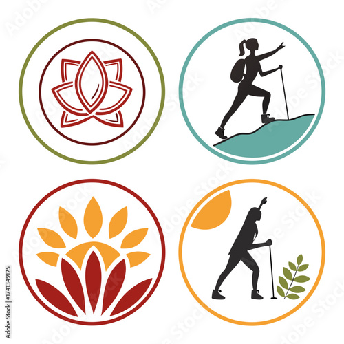 Four circular icons featuring stylized lotus flowers and silhouettes of women hiking with trekking poles and backpacks in natural settings