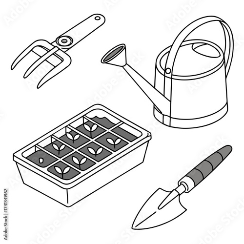A set of essential gardening tools including a watering can trowel hand cultivator and seedling tray with young plants presented in a clean isometric line art style