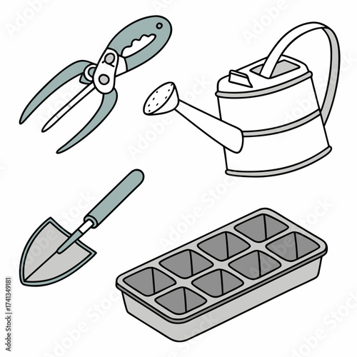 Collection of essential gardening tools including pruning shears a small trowel a watering can and a seed starting tray for planting seeds and nurturing seedlings