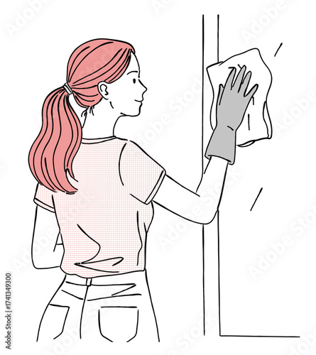 ゴム手袋で窓を拭いて掃除をする女性の線画イラスト,清掃,大掃除,家事,シンプル