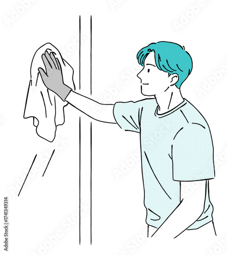 ゴム手袋で窓を拭いて掃除をする男性の線画イラスト,清掃,大掃除,家事,シンプル