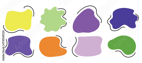Fluid abstract blob shape collection. Wavy organic forms and colorful liquid backgrounds. Hand drawn freeform doodle shapes, soft rounded curves and modern vector design elements