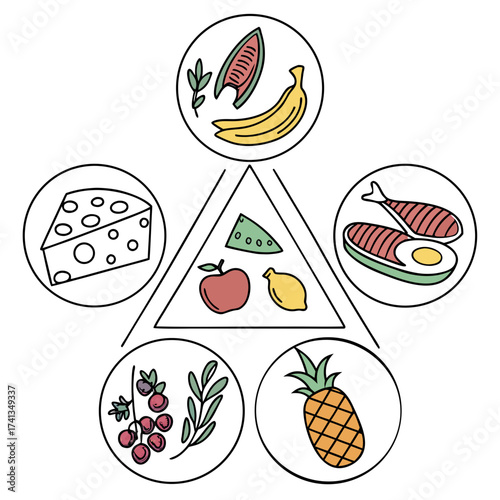 A simplified diagram illustrating a balanced diet with various food groups including fruits vegetables dairy protein and grains represented by colorful icons in circles