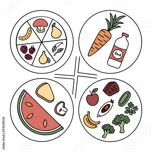 Illustration of a balanced diet represented by four circular plates filled with various healthy foods and drinks for a nutritious lifestyle