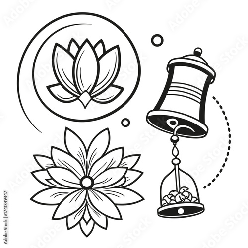 Black and white illustration of a lotus flower within a spiral and a separate lotus flower with a tibetan singing bowl and clapper creating a dotted line motion effect