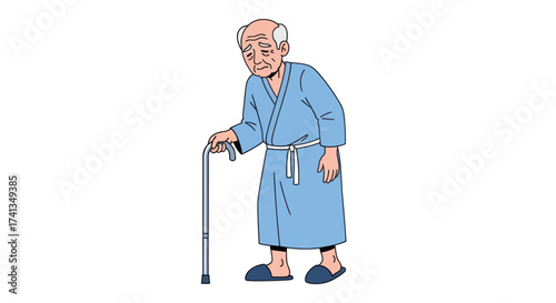 Fotografija An elderly man with white hair in a blue bathrobe and slippers leaning on a metal walking cane