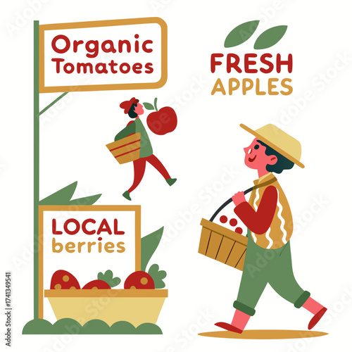 Happy farmers selling organic tomatoes fresh apples and local berries at a vibrant outdoor market stall showcasing healthy produce and a bountiful harvest