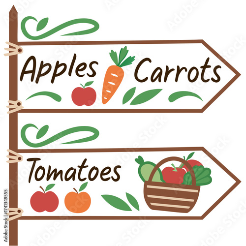 Farm stand directional signpost with apples carrots and tomatoes indicating different produce sections for shoppers