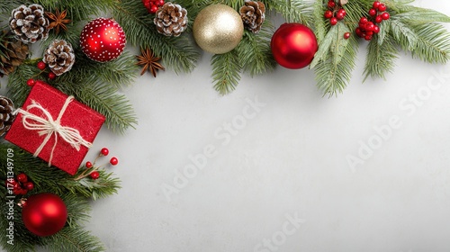 Christmas Blank Card Border: Fresh Pine Branches, Red/Gold Baubles, Pine Cones, Gift Box, Star Anise, White Card, Light Gray Background