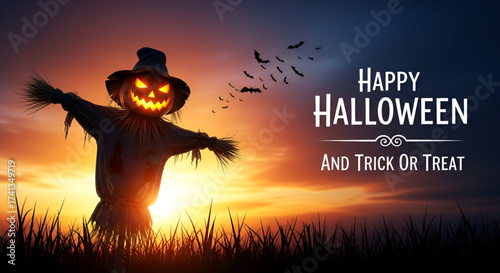 A Happy Halloween Scene With A Jackolantern Scarecrow Silhouette Against A Dramatic Sunset Sky