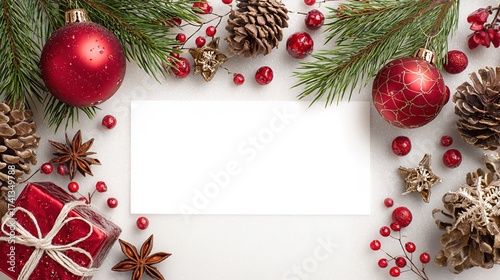 Christmas Blank Card Border: Fresh Pine Branches, Red/Gold Baubles, Pine Cones, Gift Box, Star Anise, White Card, Light Gray Background