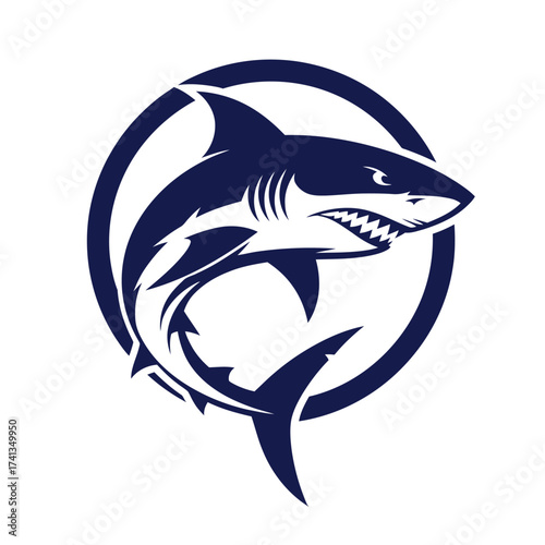 Stylized blue shark emblem with teeth in a circle on a white background art bundle design