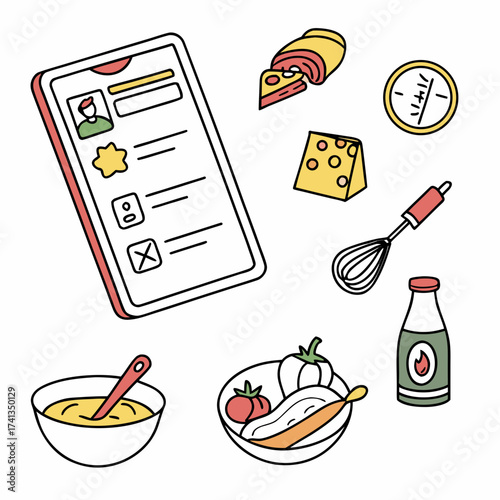 A collection of hand drawn icons representing food preparation and online recipe browsing on a smartphone screen
