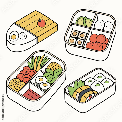 A collection of four colorful and delicious bento boxes filled with various japanese foods and ingredients presented on a white background