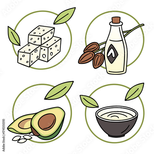 Four circular icons featuring healthy food ingredients including tofu cubes dates with oil avocado halves with seeds and a bowl of cream or yogurt surrounded by leaves