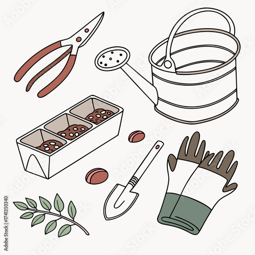 A charming collection of hand drawn gardening tools including pruning shears a watering can a seedling tray with soil and seeds a small shovel gardening gloves and a sprig of leaves