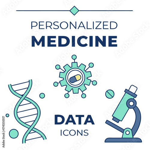 Personalized medicine data icons featuring dna helix microscope pill and gear representing precision healthcare and scientific research concepts