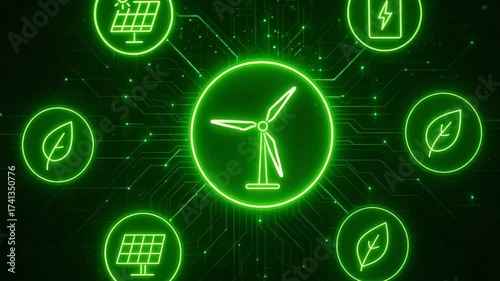 An illustration showcasing renewable energy symbols including wind, solar, and leaf icons, highlighting sustainable technology.