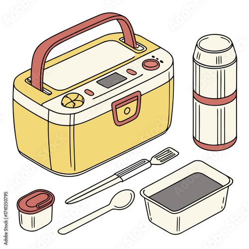 A collection of portable food storage and serving items including a yellow electric lunchbox a thermos a small container a spoon a spatula and a food tray