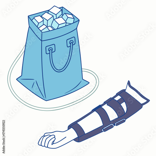 Conceptual illustration of a person s arm in a brace next to a bag filled with sugar cubes representing a health or diet concept