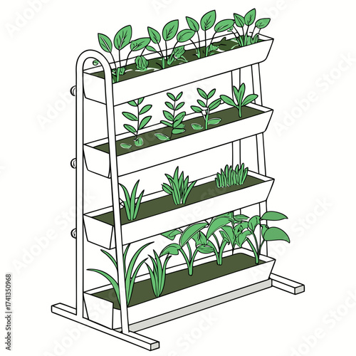 A stylish vertical garden system with multiple tiers filled with lush green plants and herbs ideal for urban gardening and small spaces