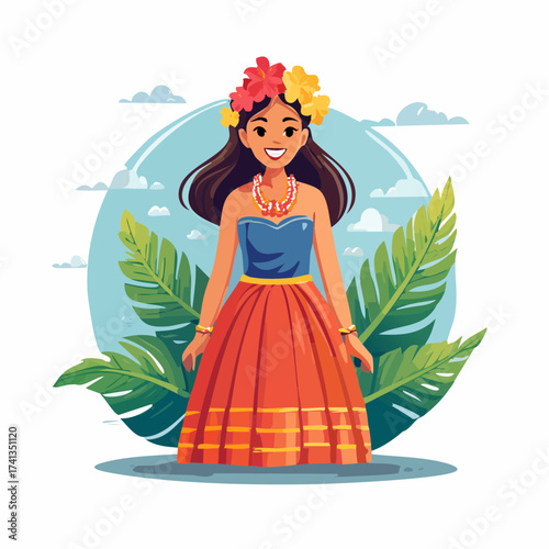 Hawaiian woman in traditional dress with tropical foliage