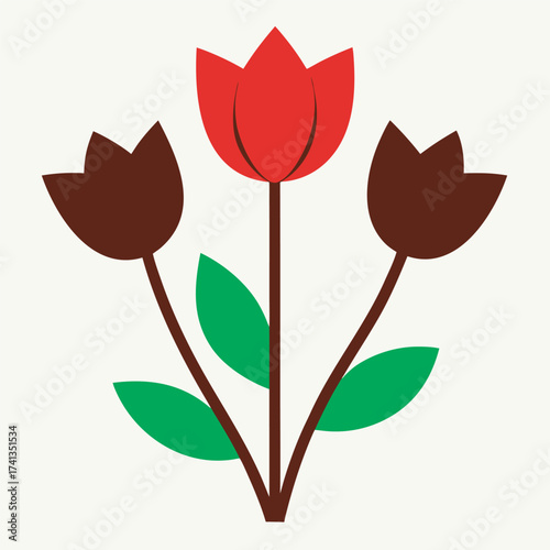 Stylized bouquet of three tulips in red black and green against a cream background, illustration of three red and black tulips with green leaves against a cream background, minimalist floral art.
