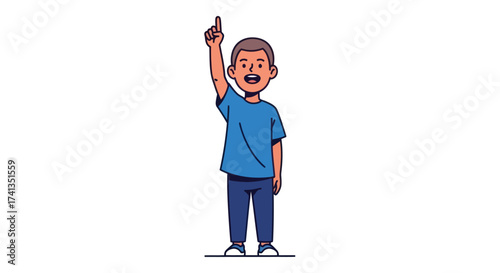Happy Cartoon Boy Raising Hand and Pointing Finger Up.