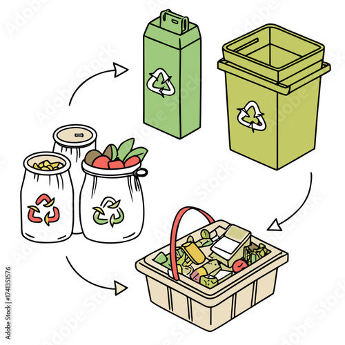 Illustration depicting the process of waste separation and recycling with different bins and bags for organic waste and recyclables