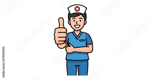 Cartoon Nurse Giving Thumbs Up in Blue Scrubs.