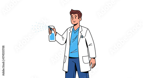 Young Male Doctor Cartoon in Lab Coat Holding a Blue Spray Bottle.
