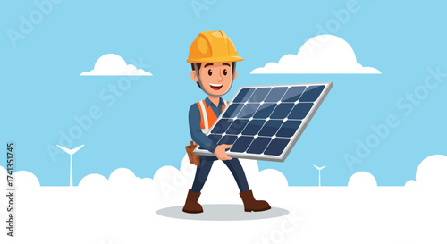 Cartoon worker holding solar panel with hard hat and safety vest.