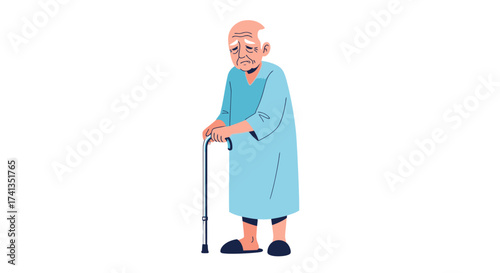 Elderly Man with Walking Stick in Blue Gown.