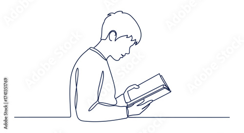 Single Line Drawing of a Young Person Reading a Book.